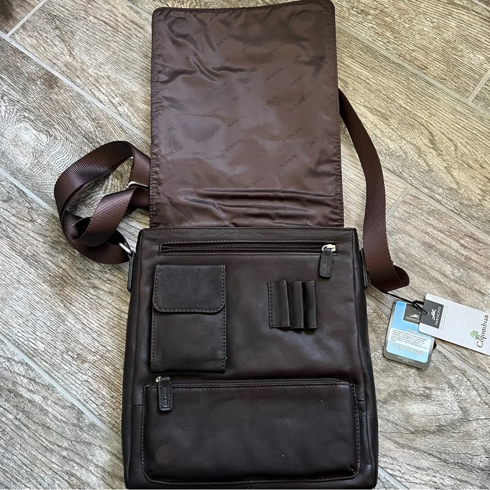 NWT! Mancini 100% Leather, Flap Messenger Bag for Laptops and Tablets, Brown - Picture 6 of 13